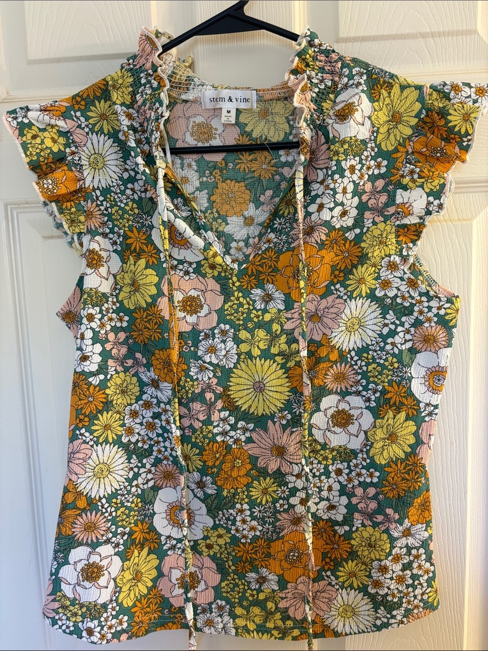 Stem & Vine Green Floral Ruffle Sleeve Blouse